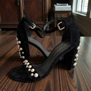 STUART WEITZMAN Black Suede Pearl Heels Sandals Size 9